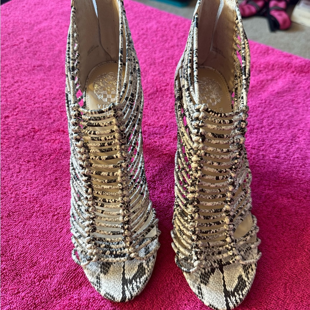 Vince Camuto Braided Snake-Print Peep-Toe Heels in White and Black